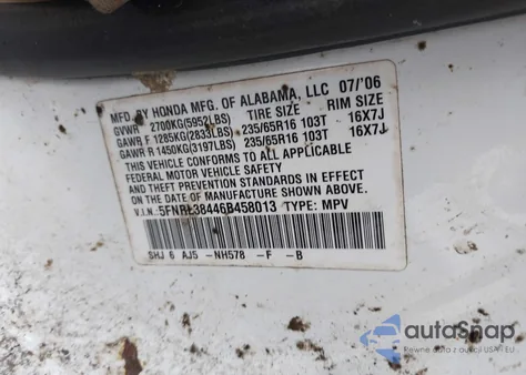 2006 Honda Odyssey Ex z USA, uszkodzony, nr VIN 5FNRL38446B458013